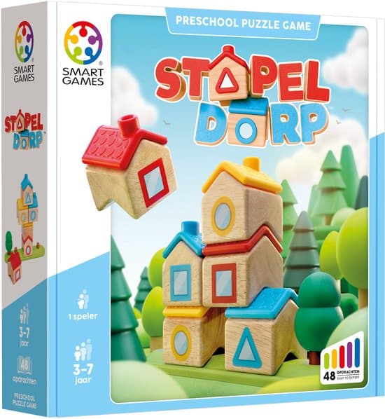 SmartGames Stapel Dorp - Houten Logisch Denkspel - 48 Ruimtelijke Bouwuitdagingen - Educatief Solospel voor Kleuters - Vanaf 3 Jaar