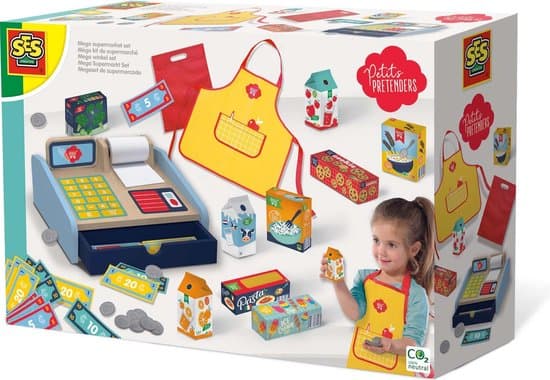 SES - Petits Pretenders - Mega winkel set - inclusief houten kassa, winkeliersschort en speelgeld