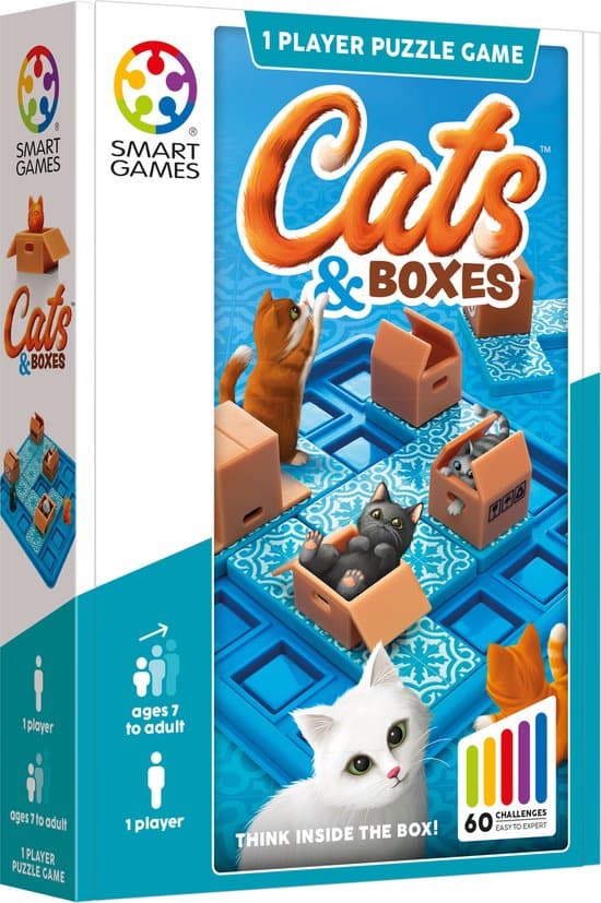 SmartGames Cats & Boxes - Logisch Denkspel - 60 Poezelige Uitdagingen - Compact Solospel voor Kinderen & Volwassenen - Vanaf 7 Jaar