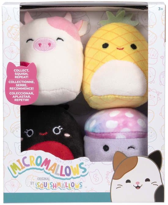 Squishmallows pluche speelgoed Micromallows 6,5 cm set van 4 multi kleuren.