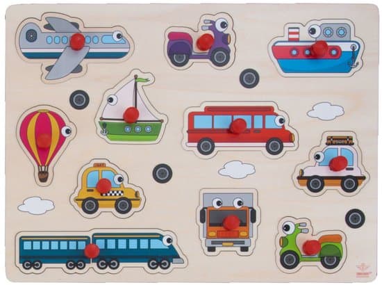Knop Puzzel Voertuigen – Houten Puzzel voor Kinderen – Gemakkelijk Legbaar met Rode Knopjes – Educatieve Insteekpuzzel – Engelhart