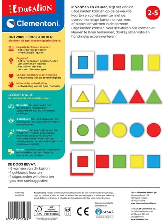 Clementoni - Vormen en kleuren - Gekleurde kaarten - Puzzelstukken - Educatief Speelgoed - 2-5 jaar