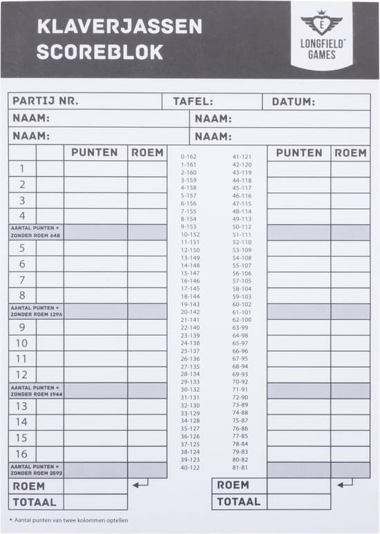 Klaverjas Scoreblok – 50 Vellen – Scoreformulier voor Klaverjassen – Kaartspel Scoreblok